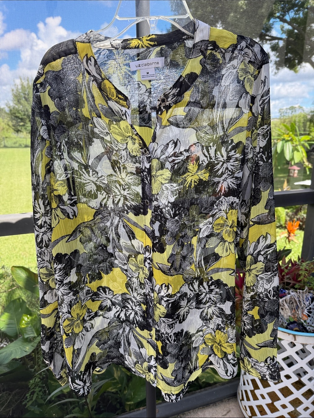 Liz Claiborne Yellow and Black Floral Button-Front Top